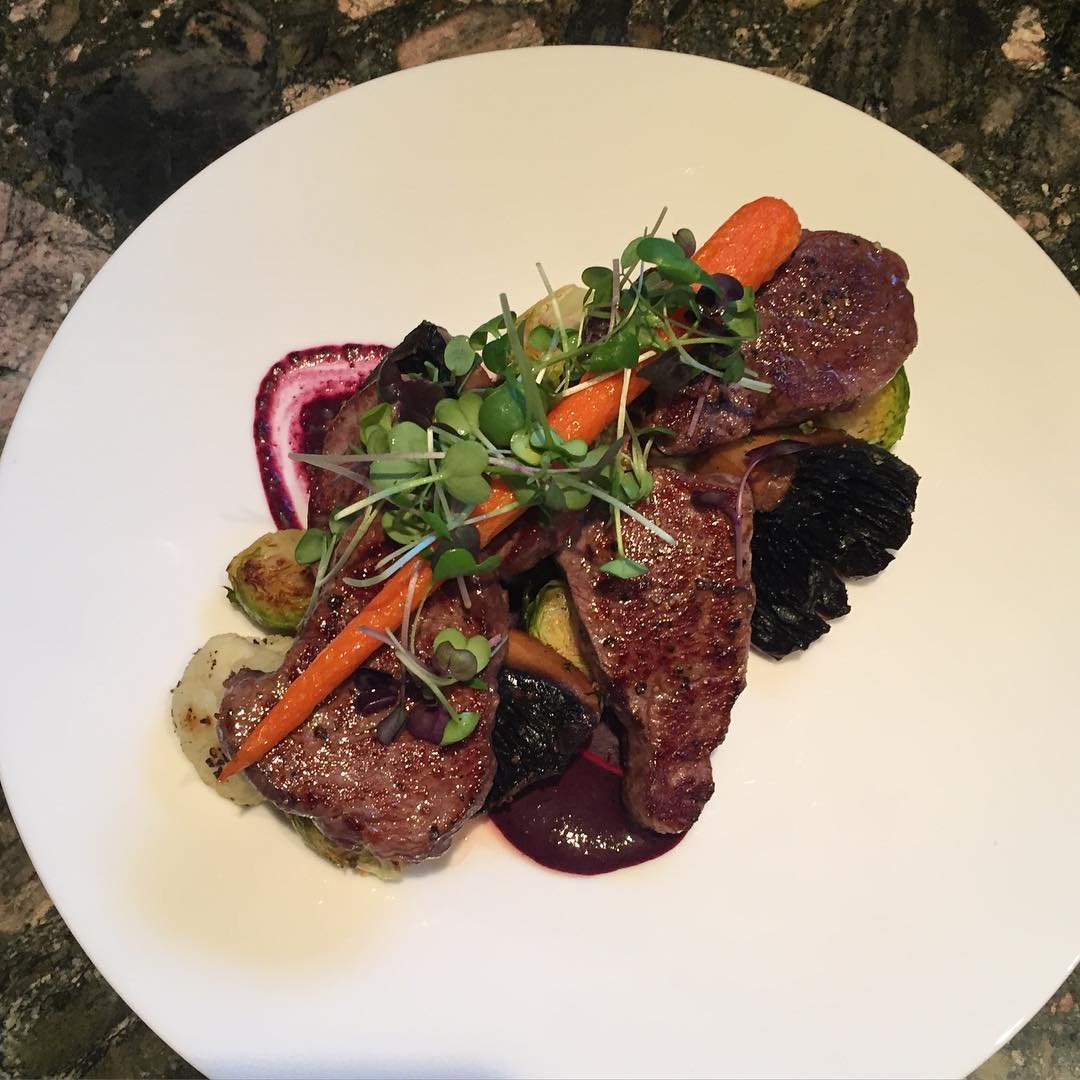 Venison tenderloin, roasted veg, reclaim micro greens, coffee blueberry beet…