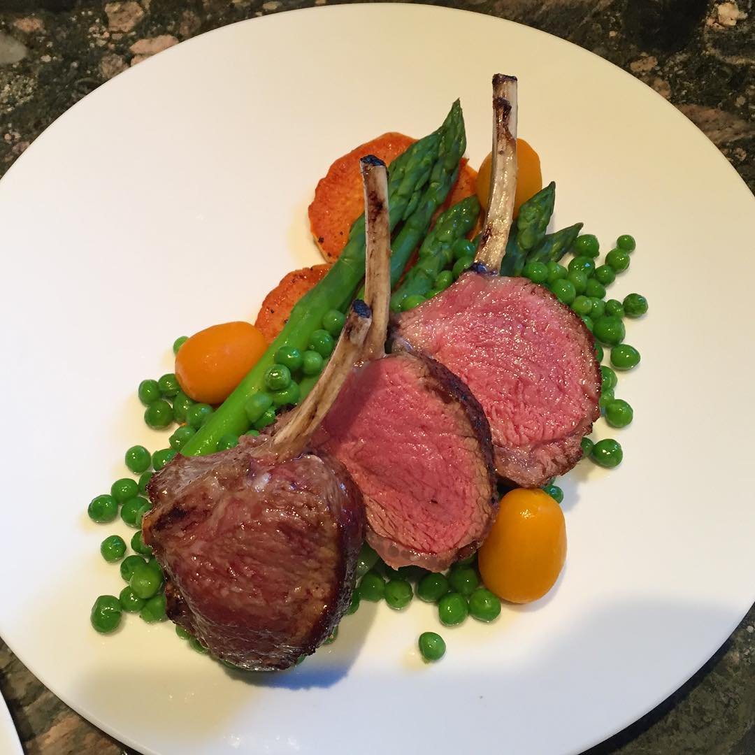 Rack of Alberta lamb, roasted yams, asparagus, peeled cherry tomatoes, minted…