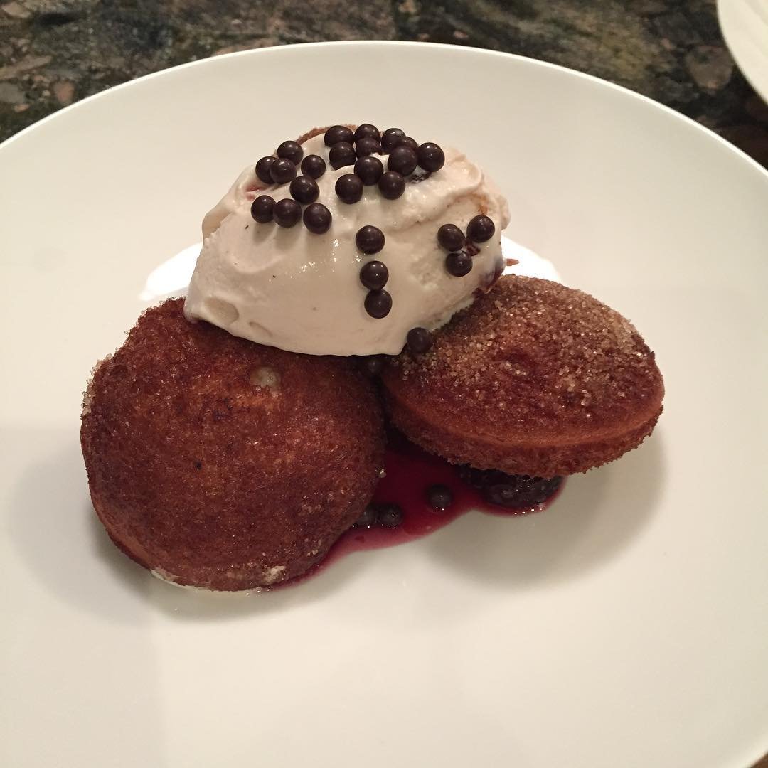 Fried cherry Garcia ice cream with fermented cherries and chocolate pearls