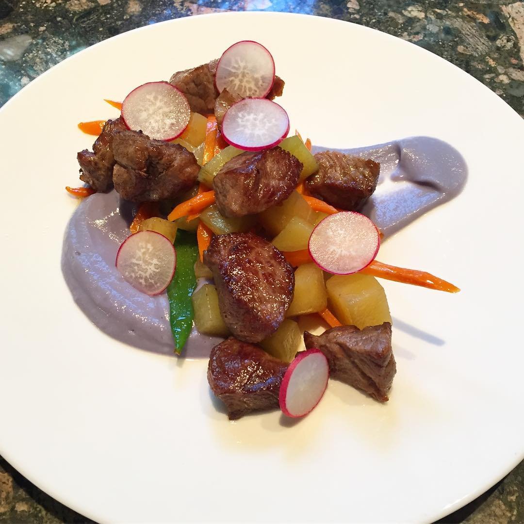 Braised Alberta lamb finished in brown butter, root veg, purple cauli vanilla…