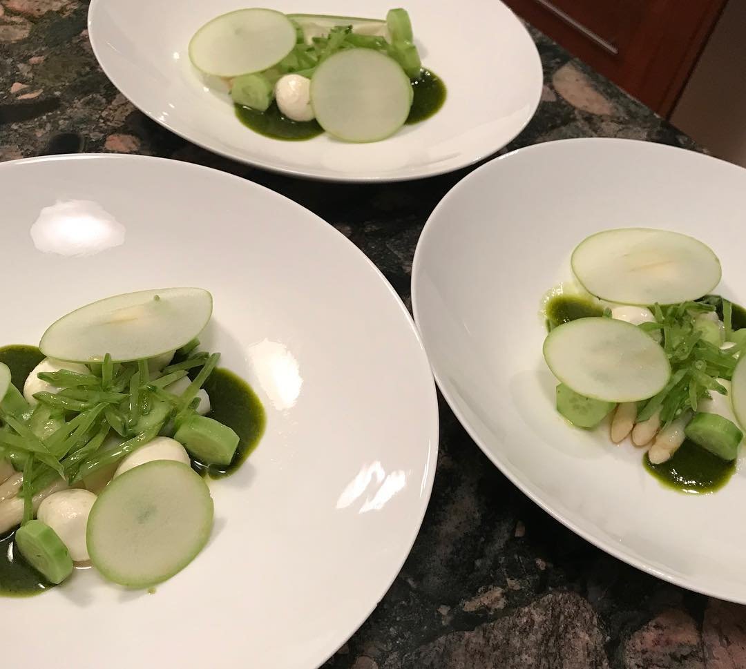 Dinner for 3 tonight.  Pickled white asparagus salad with marinated bocconcini,…