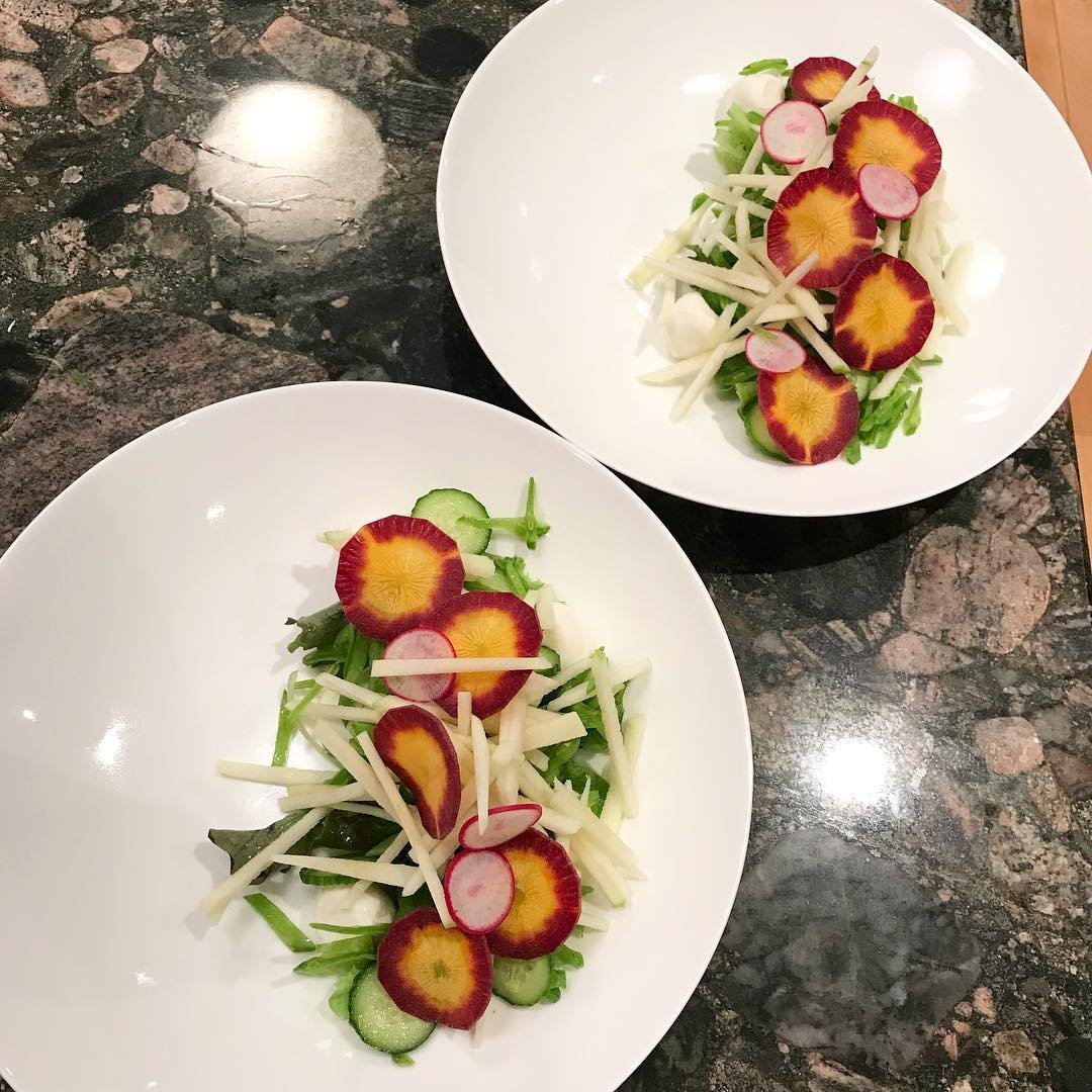Apple carrot sweat pea salad with a red wine vinaigrette  Alberta beef (filet…